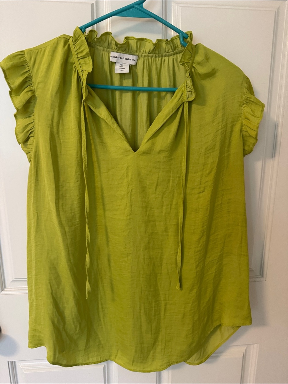 cupcakes & cashmere Lime Green Ruffle Tie-Neck Blouse